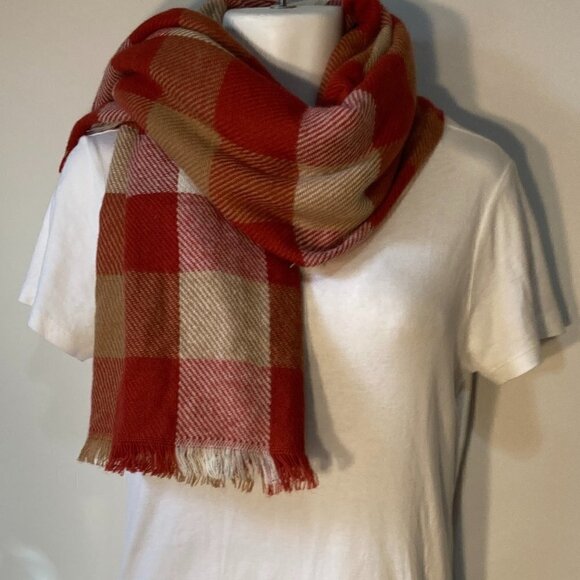 Scarf or Wrap Oversized Red & Camel color block plaid large soft comfy war - Picture 3 of 5